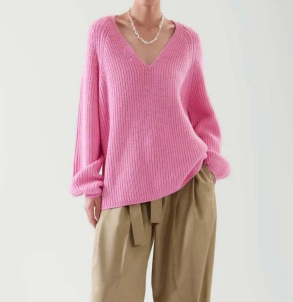 COS Ribbed V-Neck Wool Jumper Sweater Size XS Pink